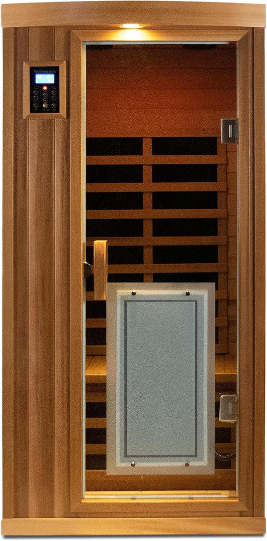 1 Person Infrared Sauna for Home 0-5Mg Utra Low EMF Far Infrared Sauna 1450W Red Cedar Wooden Sauna Indoor Sauna with Front Door Heating Plate, Chromotherapy Light