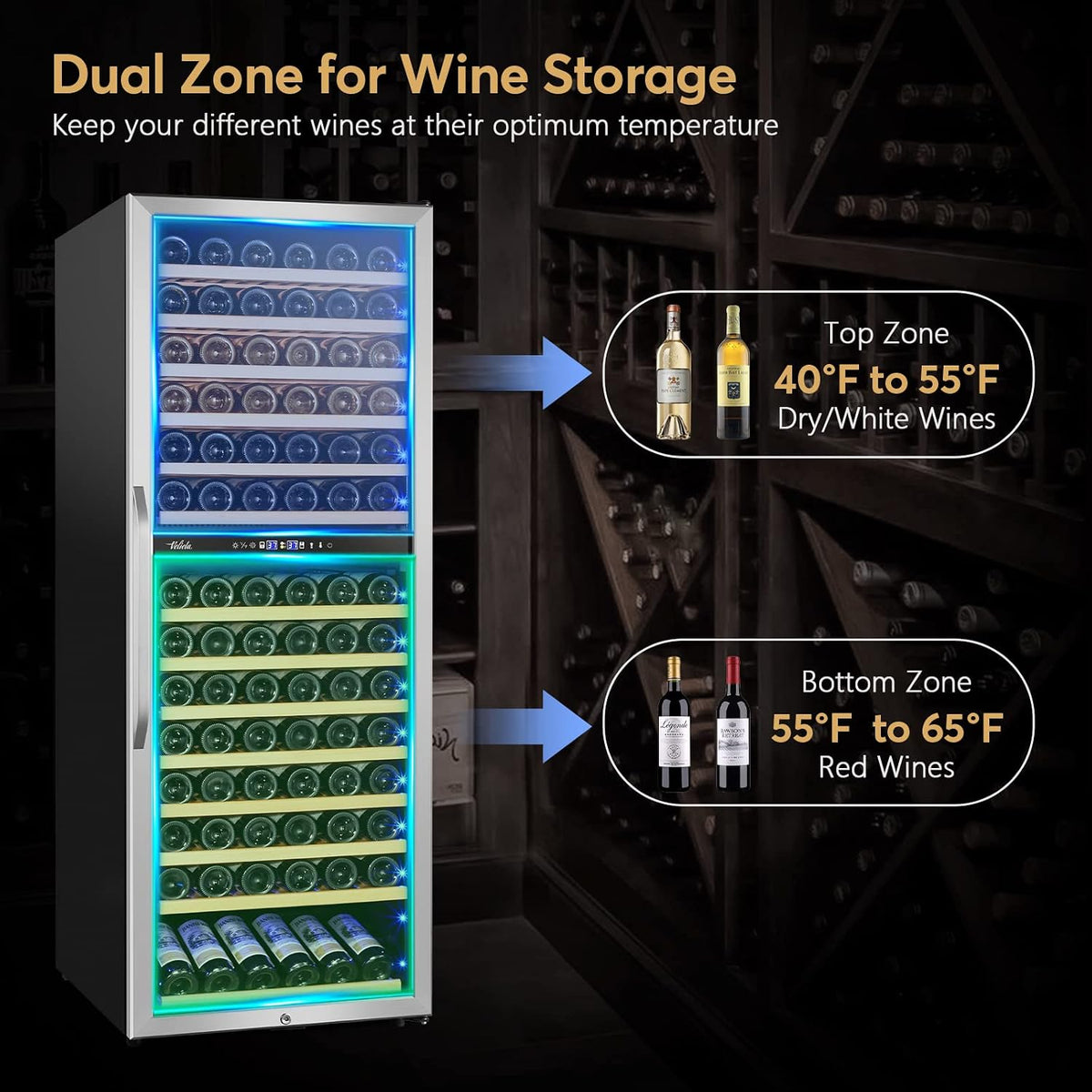 24 Inch Wine Cooler Fridge Dual Zone, Professional Large Capacity High Wine Refrigerator with Powerful Compressor, Quiet Operation and Elegant Design-Kmhj408D